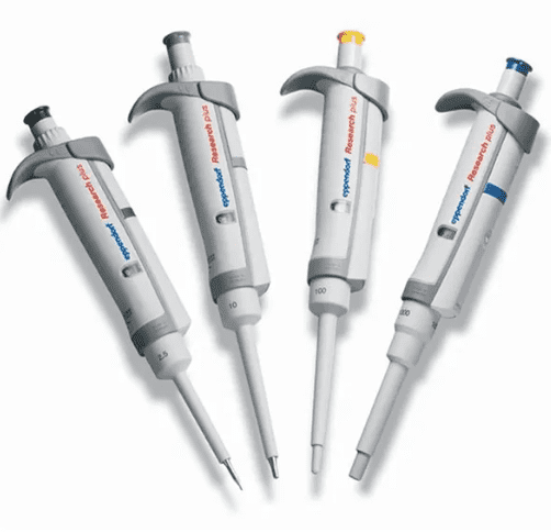 EPPENDORF RESEARCH PLUS MECHANICAL PIPETTE 5-PIECE SET arranged with color coded caps in Nigeria