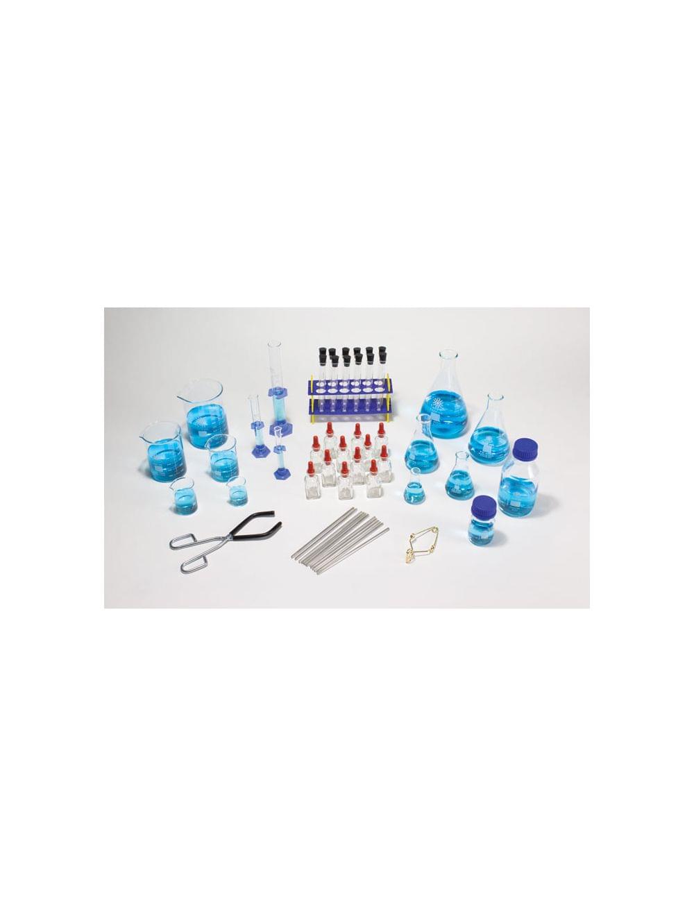 Assorted laboratory beakers, flasks, cylinders and bottles for testing